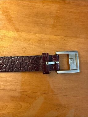 Croc Embossed Leather Belt in Dark Brown/Red with gold Buckle